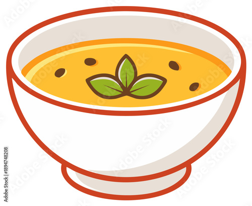 Bowl of warm golden soup with fresh green herbs for healthy meals and delicious comforting food, illustration