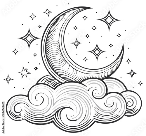 Wallpaper Mural Intricate crescent moon and stars design above fluffy clouds illustration isolated Torontodigital.ca