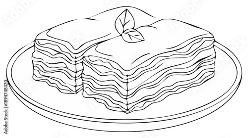 Wallpaper Mural Lasagna pasta dish slice on a plate, simple black outline illustration, food design Torontodigital.ca