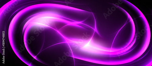 Bright pink abstract swirls dominate black background. Flowing lines create luminous, dynamic visual effect. Energy radiates from central point.