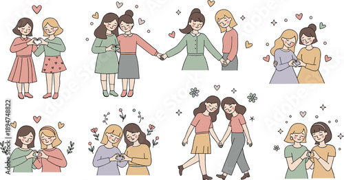 Girls Friendship Vector Set with Best Friends Hugging, Holding Hands, Sharing Love, Support, Sisterhood and Cute Pastel Cartoon Moments