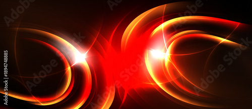 Abstract red energy flows, bright light bursts. Dynamic curves create intense visual impact, dark background enhances glow.