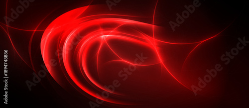 Abstract red lines swirl, creating dynamic energy. Bright curves contrast dark background, evoking motion, warmth.