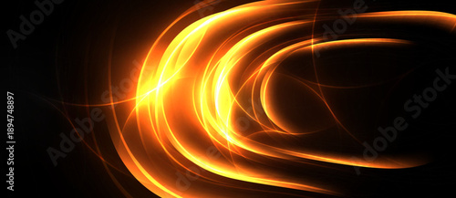 Bright orange lines swirl against black background. Dynamic energy radiates from central focal point, creating abstract visual impact.