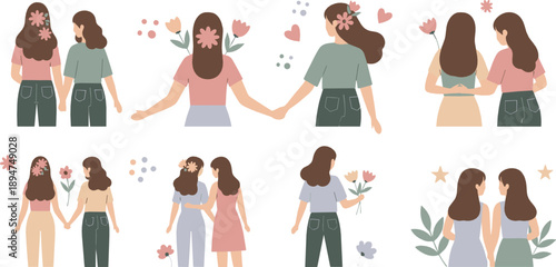 Girls Friendship Vector Set with Best Friends Holding Hands, Hugging, Walking Together, Flowers, Hearts and Warm Pastel Cartoon Moments