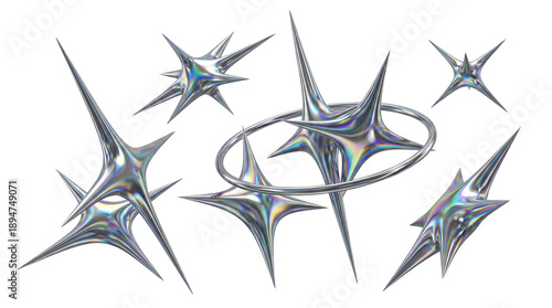 Set of abstract star variations in holographic chrome metal style with geometric spike forms