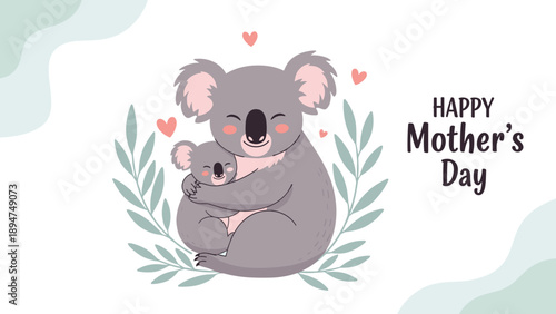 Adorable mother and baby koala hugging each other surrounded by green leaves and red hearts for happy mothers day.