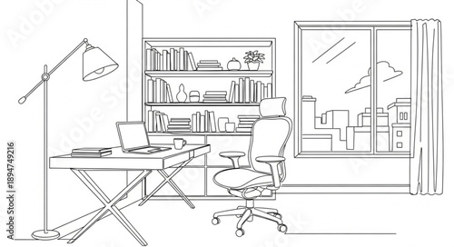 Modern home office interior with desk and bookshelf.