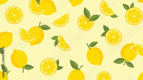 Seamless pattern featuring whole yellow lemons and lemon slices with green leaves on a pale yellow background.
