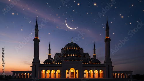 Ramadan night scene with mosque and crescent moon