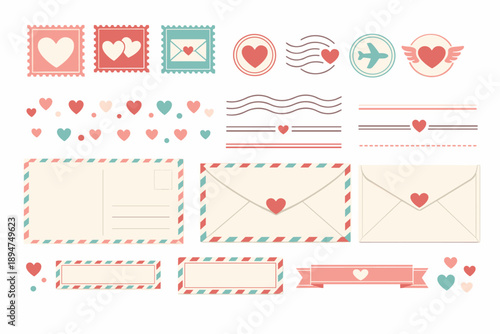 Romantic airmail stationery set with envelopes, stamps, postmarks, hearts and decorative labels in pastel colors for love letters and greetings