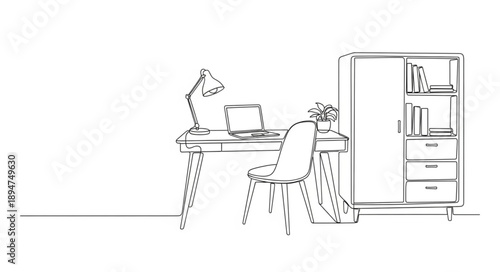 Minimalist sketch of a home office desk with laptop and lamp.