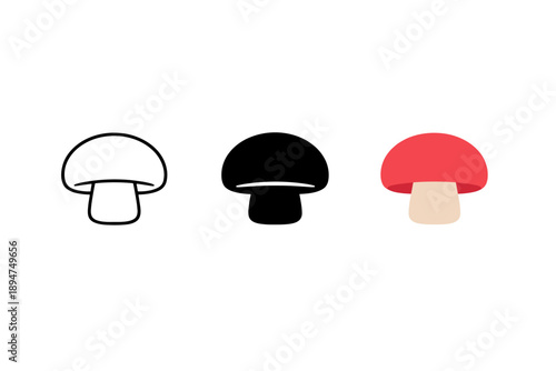 Three simplified mushroom icons in outline, solid black, and red cap styles on a white background, minimal flat vector illustration set