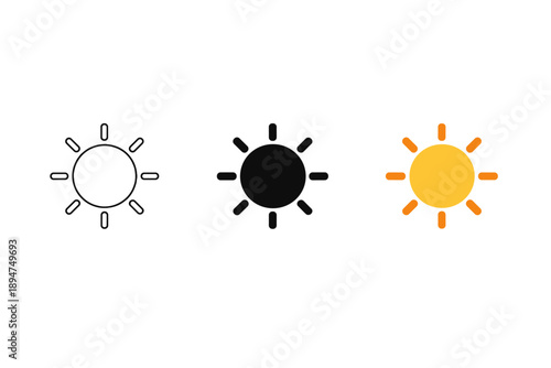 Three minimalist sun icons in outline, solid black, and orange styles, representing brightness and weather settings on a clean white background