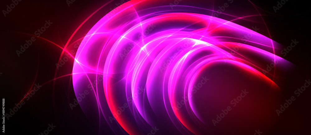 Obraz premium Bright abstract lines form swirling shapes. Vivid pinks, reds create dynamic energy against dark background. Light sparkles throughout composition.