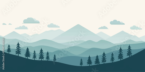 Snowy mountain landscape with pine trees, clouds, and fog under a cold winter sky