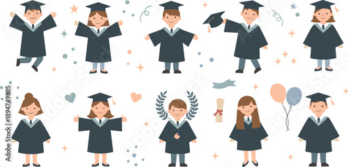 Graduation Kids Vector Set with Students in Caps and Gowns, Diplomas, Balloons, Celebrations and Cute Cartoon Graduate Characters