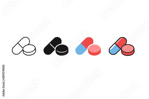Minimal vector set of pill capsules and tablets in outline, solid, and two-tone styles, showing medication icons on a clean white background