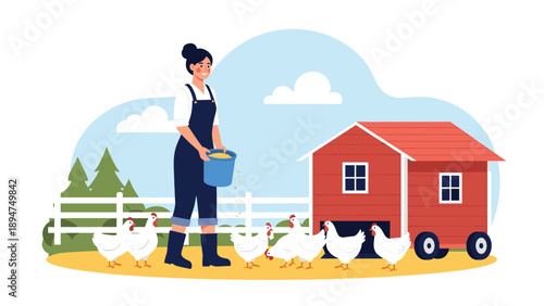 Young female farmer wearing overalls and feeding a group of white chickens in front of a red chicken coop.