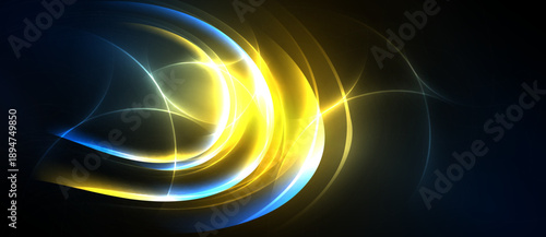 Abstract luminous curves, vibrant yellow, blue hues. Dynamic energy radiates from central point, dark background enhances glow.