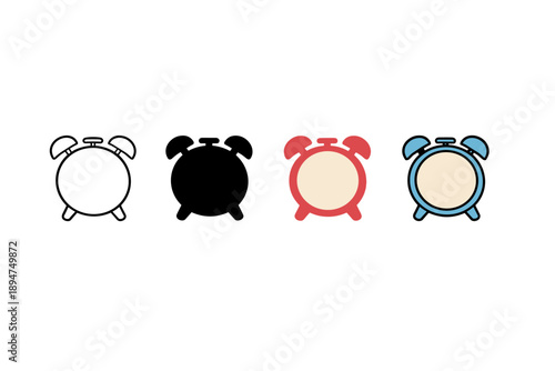 Set of four minimalist alarm clock icons in outline and solid styles, black red and blue variants, simple flat vector symbols on white background