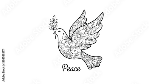 Detailed black and white doodle of a dove of peace flying and holding an olive branch with the handwritten word peace.