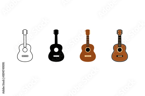 Four stylized acoustic guitars in different designs, including outline, solid silhouette, and wooden finishes, arranged in a horizontal row on white