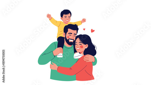 Joyful young family shares a warm hug with the father carrying his small son on his shoulders while the mother embraces them both happily.