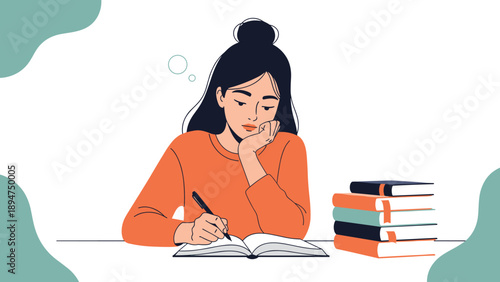 Focused student girl sitting at a desk and writing in her notebook with a stack of colorful books beside her while thinking deeply.