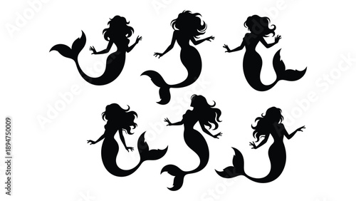 Six silhouetted mermaids in various poses Vector