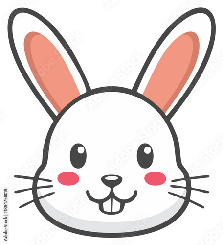 Cute white rabbit head illustration with pink cheeks and ears, vector cartoon for spring, Easter, children