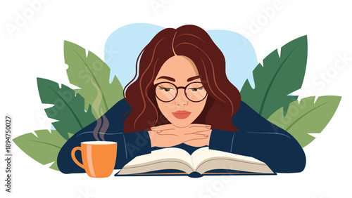 Intellectual young woman with glasses leaning over an open book with a steaming cup of coffee and green tropical leaves in the back.