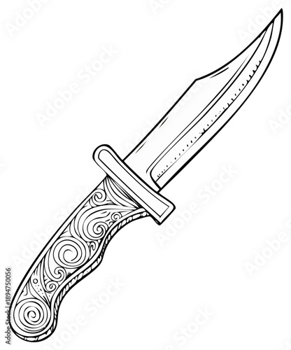 Ornate hunting knife with a detailed decorative handle in a black and white line art style