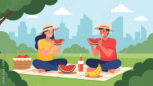Happy couple enjoying a summer picnic in a city park sitting on a checkered blanket and eating slices of fresh juicy red watermelon.
