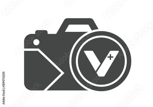 Digital camera icon with a 'v+' logo overlay, symbolizing photography and video services