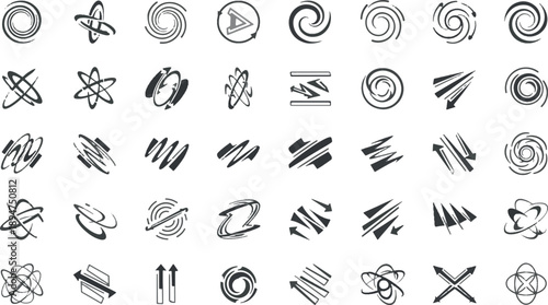 Abstract dynamic movement and speed icons set with spiral swooshes, energy flow lines, motion blur symbols, and minimalist rotating geometric shapes.