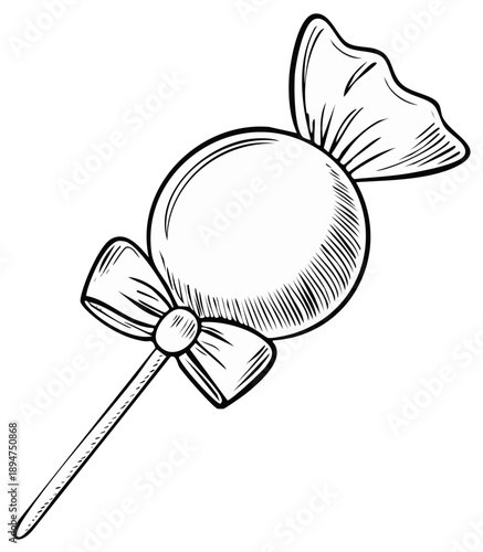 Engraved style wrapped lollipop with decorative bow on a stick classic sweet treat