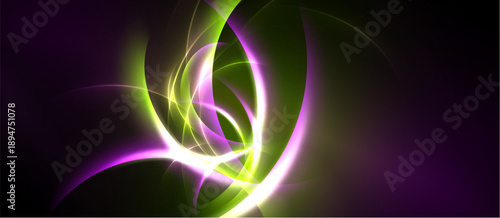 Abstract swirls, vibrant green, purple hues dominate. Dynamic energy radiates from central point, dark background contrasts bright lines.