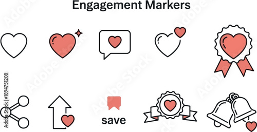 Social media engagement markers icon set with heart likes, comment bubbles, share symbols, save buttons, and notification bells in flat duo-tone style.