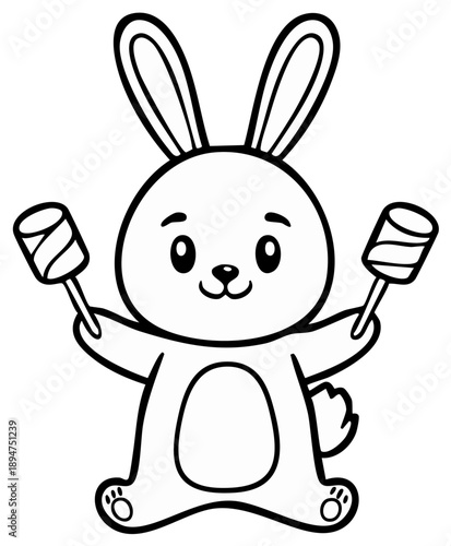 Adorable bunny with marshmallow lollipops ready for treats cartoon outline vector illustration line drawing style