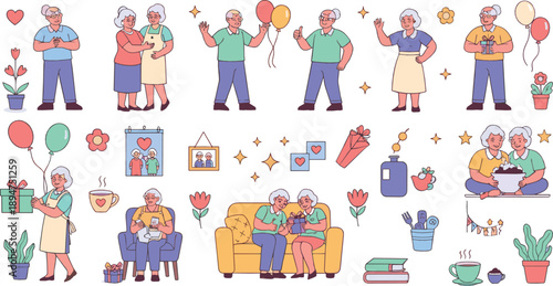 Happy Elderly People Vector Set with Seniors Celebrating, Hugging, Giving Gifts, Balloons, Family Moments and Warm Cartoon Characters