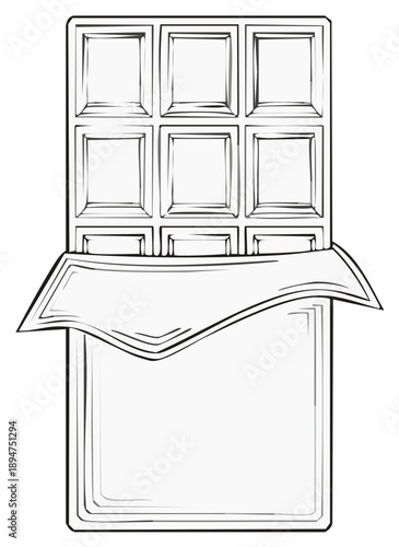 Line art drawing of a chocolate bar with foil wrapping shows a nine-piece dessert ready for a sweet snack