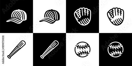 Vector Set of 4 Baseball Sports Equipment Icons Monochrome Outline