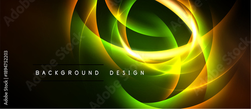 Abstract glowing lines create dynamic composition. Green, yellow, orange hues blend, forming swirling patterns. Dark background emphasizes luminosity.