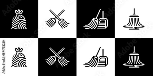 Vector Set of 4 Cleaning Sweep Tools Monoline Icon Pack