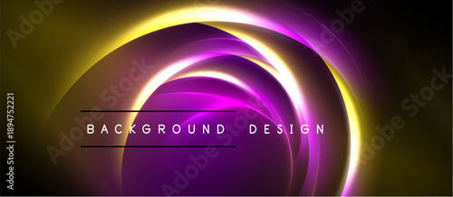 Abstract neon layers create circular glow. Gold, purple hues dominate dark background. Text reads background design. Modern visual element.