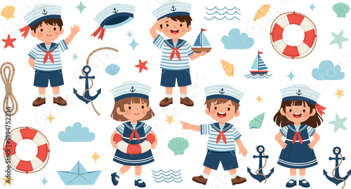 Cute Kids Sailor Vector Set with Nautical Clothing, Anchors, Lifebuoy, Paper Boats, Sea Elements and Happy Cartoon Children Characters