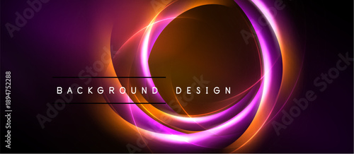 Abstract circular design. Vibrant purple, orange hues dominate dark background. Text reads background design. Modern, dynamic visual element.