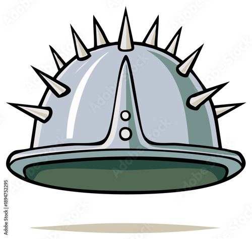 Metal helmet with spikes illustration, a stylized cartoon depiction of vintage headgear, protective armor with medieval influences and a dangerous look