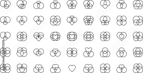 Abstract geometric venn diagram icons set with heart shapes and circular intersecting lines for logic, connection, and data visualization design.